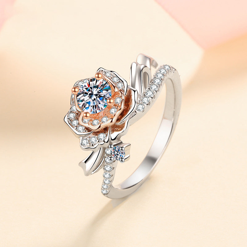 S925 Sterling Silver Rose Motif 0.50ct Moissanite Ring with Two-Tone Rose Gold Plating