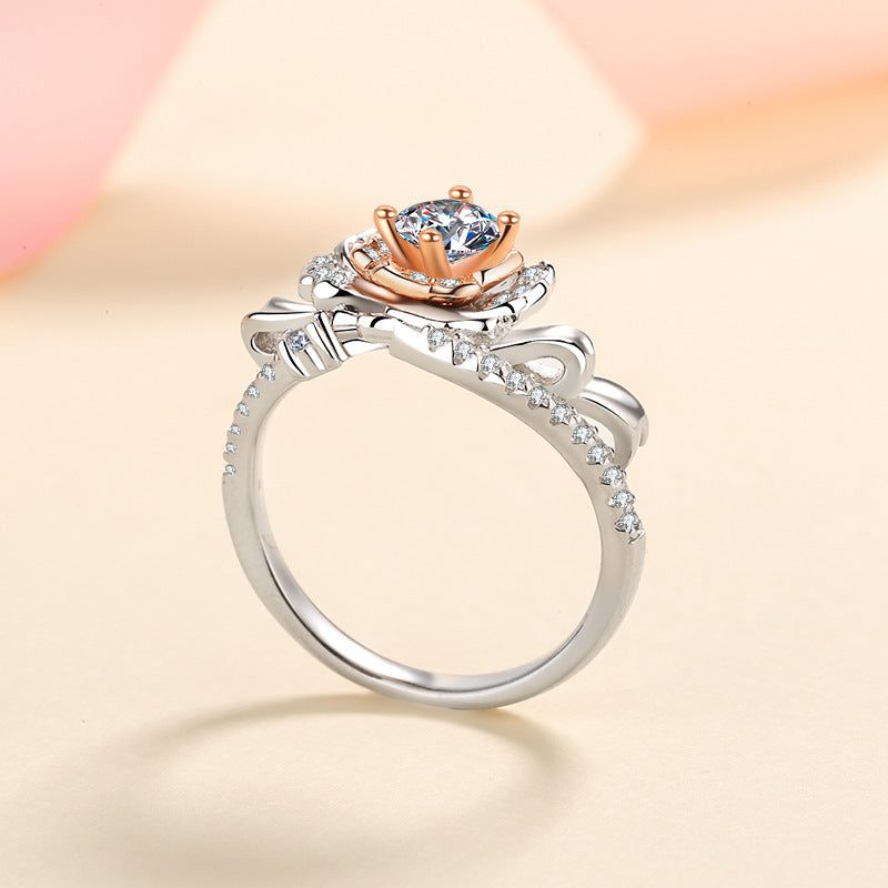 S925 Sterling Silver Rose Motif 0.50ct Moissanite Ring with Two-Tone Rose Gold Plating