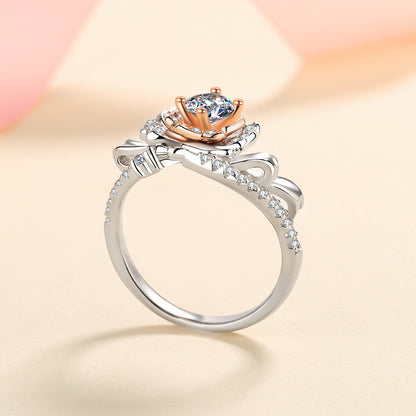 S925 Sterling Silver Rose Motif 0.50ct Moissanite Ring with Two-Tone Rose Gold Plating