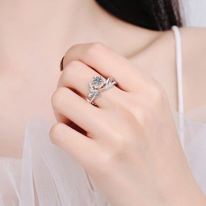 S925 Sterling Silver Rose Motif 0.50ct Moissanite Ring with Two-Tone Rose Gold Plating