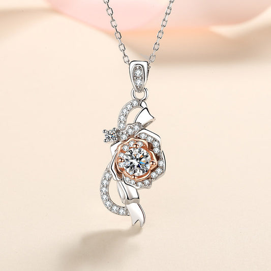 S925 Sterling Silver Rose Pendant Necklace - 0.5CT Moissanite PT950-Plated Two-Tone Chain