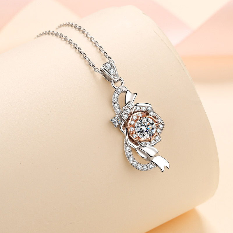 S925 Sterling Silver Rose Pendant Necklace - 0.5CT Moissanite PT950-Plated Two-Tone Chain