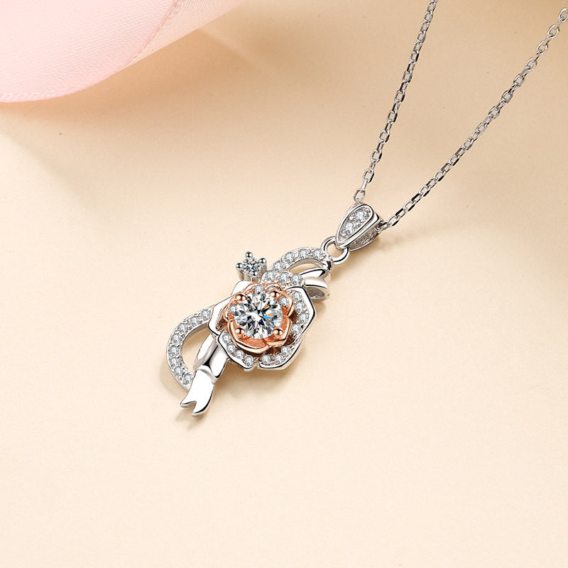 S925 Sterling Silver Rose Pendant Necklace - 0.5CT Moissanite PT950-Plated Two-Tone Chain