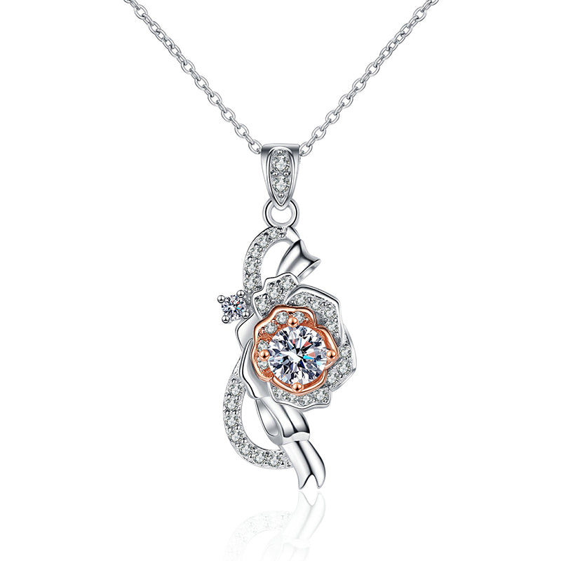 S925 Sterling Silver Rose Pendant Necklace - 0.5CT Moissanite PT950-Plated Two-Tone Chain