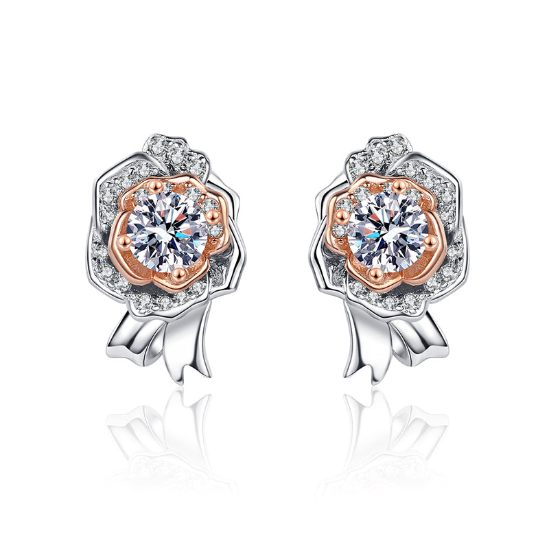 S925 Sterling Silver Rose & Leaf Moissanite Stud Earrings - 1CT with Cultural Motifs