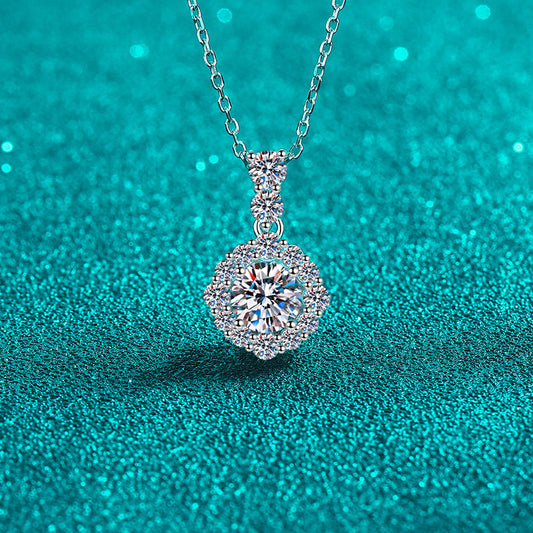 S925 Sterling Silver Round Halo Pendant Necklace - 1CT Moissanite Office-to-Evening Essential