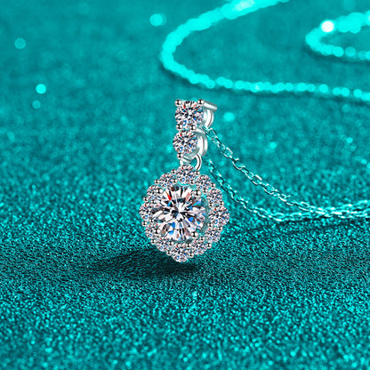 S925 Sterling Silver Round Halo Pendant Necklace - 1CT Moissanite Office-to-Evening Essential