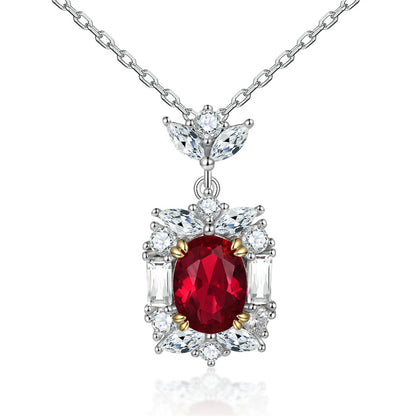 S925 Sterling Silver Ruby Zircon Pendant Necklace - Genuine Gemstone Geometric Collarbone Chain