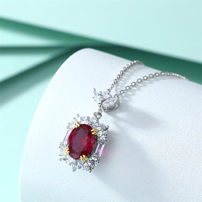 S925 Sterling Silver Ruby Zircon Pendant Necklace - Genuine Gemstone Geometric Collarbone Chain