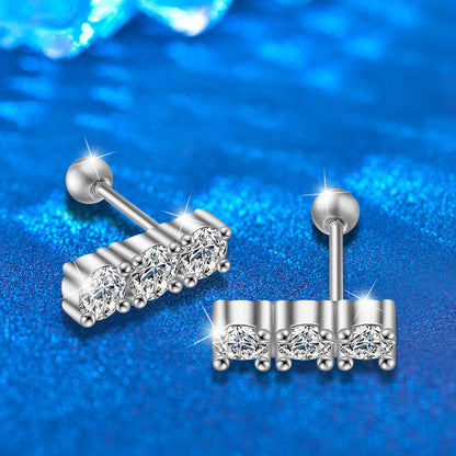 S925 Sterling Silver Screw Back Channel Set Moissanite Bar Earrings - White Gold Plated Luxury Geometric Jewelry for Women