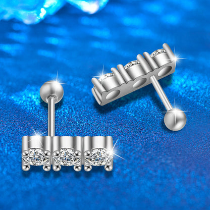S925 Sterling Silver Screw Back Channel Set Moissanite Bar Earrings - White Gold Plated Luxury Geometric Jewelry for Women