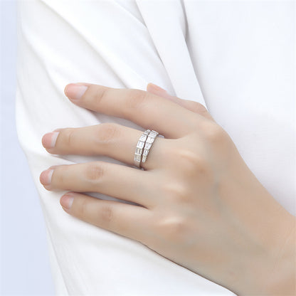 S925 Sterling Silver Serpent Ring - Modern Rectangular Zirconia Adjustable Statement Jewelry