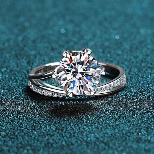 S925 Sterling Silver Six-Prong 3ct Moissanite Crown Engagement Ring with Security Lock Motif