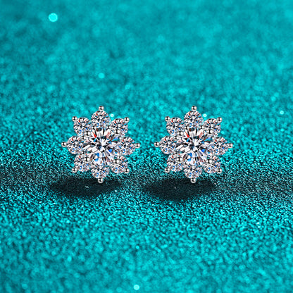 S925 Sterling Silver Snowflake Moissanite Stud Earrings Plated with Pt950 Gold - Chinese-Inspired Floral Earrings