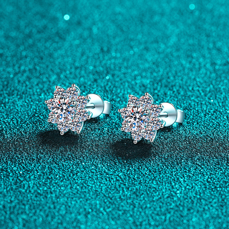 S925 Sterling Silver Snowflake Moissanite Stud Earrings Plated with Pt950 Gold - Chinese-Inspired Floral Earrings