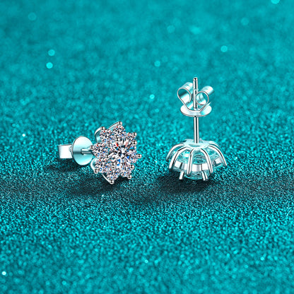 S925 Sterling Silver Snowflake Moissanite Stud Earrings Plated with Pt950 Gold - Chinese-Inspired Floral Earrings