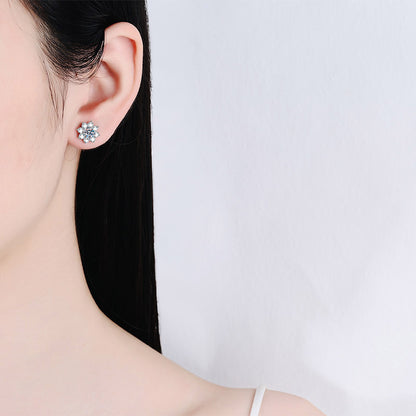 S925 Sterling Silver Snowflake Moissanite Stud Earrings Plated with Pt950 Gold - Chinese-Inspired Floral Earrings