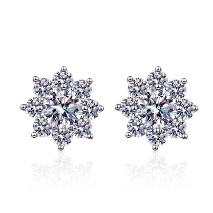 S925 Sterling Silver Snowflake Moissanite Stud Earrings Plated with Pt950 Gold - Chinese-Inspired Floral Earrings