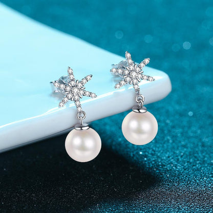 S925 Sterling Silver Snowflake Stud Earrings - 0.25ct Moissanite & 8mm Freshwater Pearls