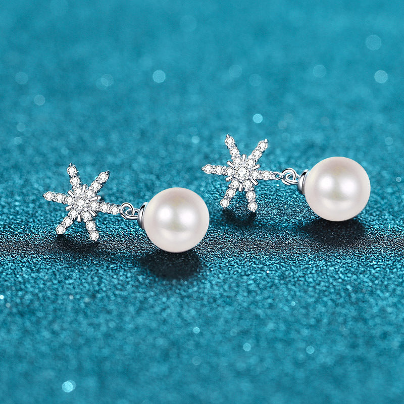 S925 Sterling Silver Snowflake Stud Earrings - 0.25ct Moissanite & 8mm Freshwater Pearls
