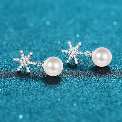S925 Sterling Silver Snowflake Stud Earrings - 0.25ct Moissanite & 8mm Freshwater Pearls