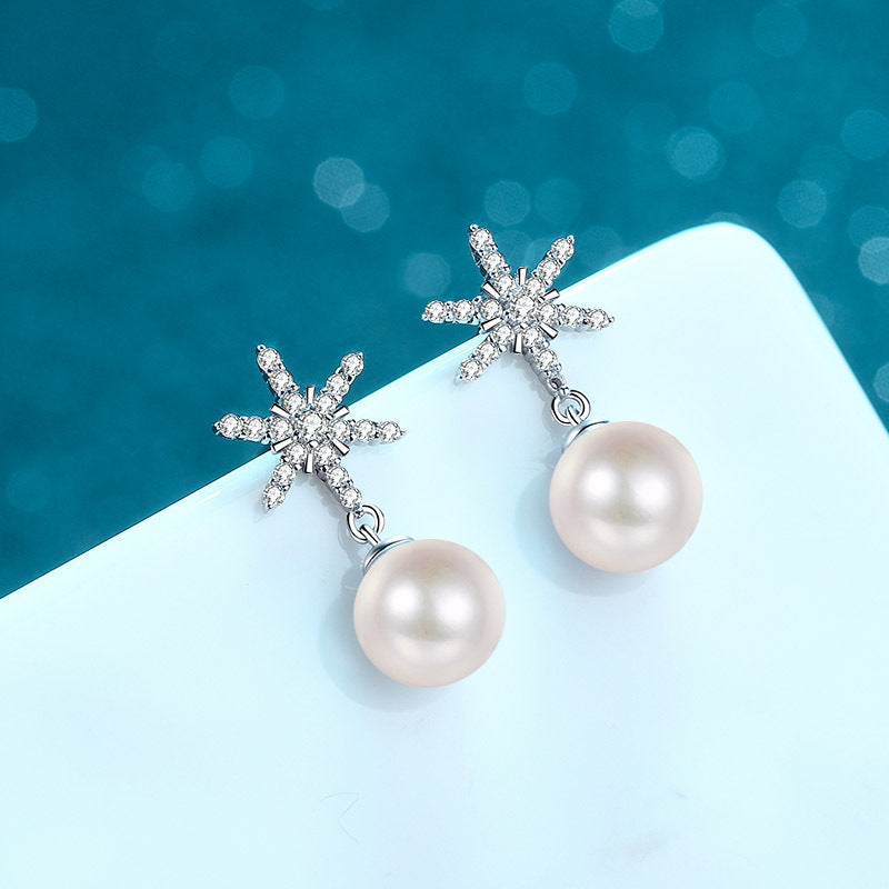 S925 Sterling Silver Snowflake Stud Earrings - 0.25ct Moissanite & 8mm Freshwater Pearls