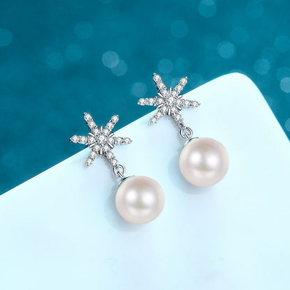 S925 Sterling Silver Snowflake Stud Earrings - 0.25ct Moissanite & 8mm Freshwater Pearls