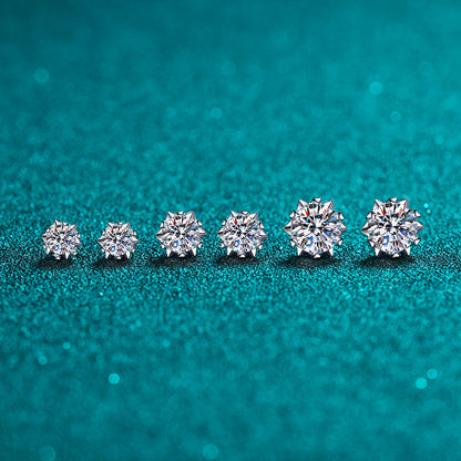 S925 Sterling Silver Snowflake & Heart 6-Prong Moissanite Earrings - Minimalist Chinese-Inspired Studs