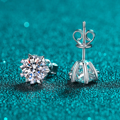 S925 Sterling Silver Snowflake & Heart 6-Prong Moissanite Earrings - Minimalist Chinese-Inspired Studs