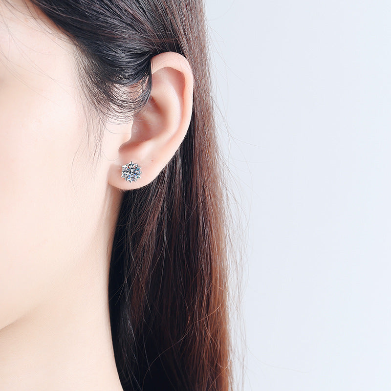 S925 Sterling Silver Snowflake & Heart 6-Prong Moissanite Earrings - Minimalist Chinese-Inspired Studs