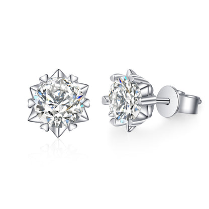 S925 Sterling Silver Snowflake & Heart 6-Prong Moissanite Earrings - Minimalist Chinese-Inspired Studs