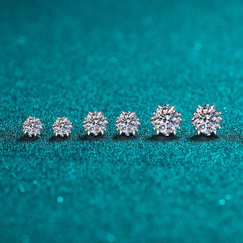 S925 Sterling Silver Snowflake & Heart 6-Prong Moissanite Earrings - Minimalist Chinese-Inspired Studs