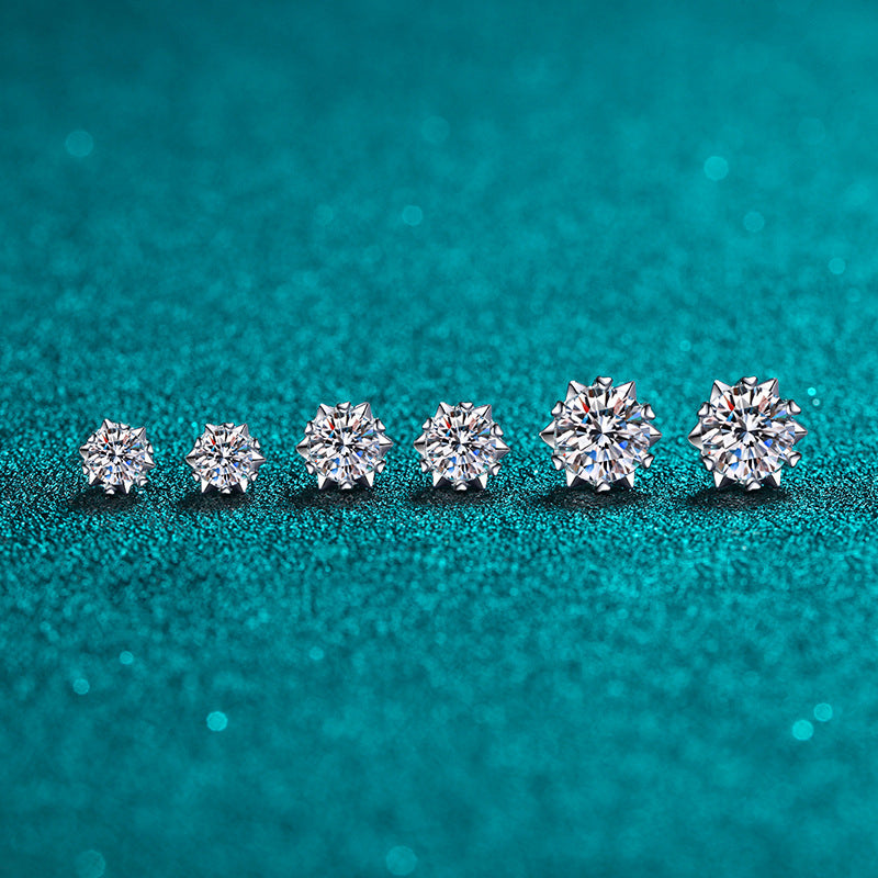 S925 Sterling Silver Snowflake & Heart 6-Prong Moissanite Earrings - Minimalist Chinese-Inspired Studs
