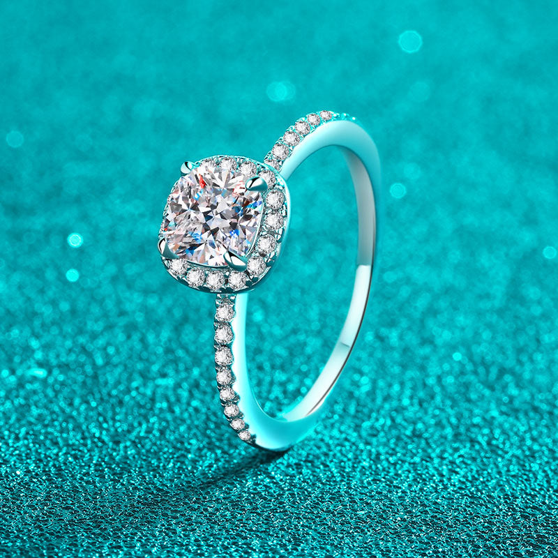 S925 Sterling Silver Square-Cut 1ct Moissanite Geometric Statement Ring with Pavé Zircons