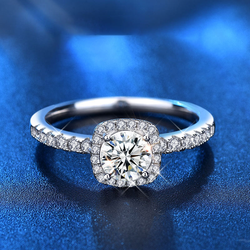S925 Sterling Silver Square 1ct Moissanite Ring - White Gold Plated Luxury Women's Band (Size 5-9/Adjustable