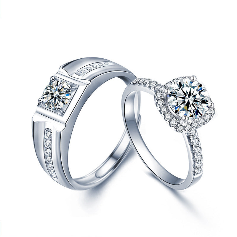 S925 Sterling Silver Square Couple Rings with 1ct Moissanite - White Gold Plated Adjustable Luxury Wedding Bands