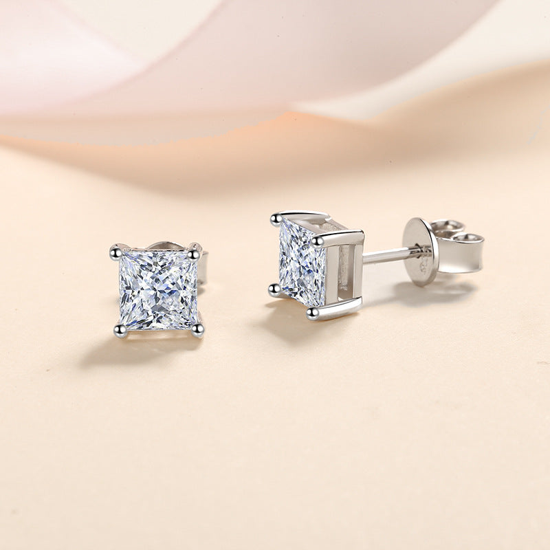 S925 Sterling Silver Square Moissanite Stud Earrings - Elegant Geometric Earrings for Women