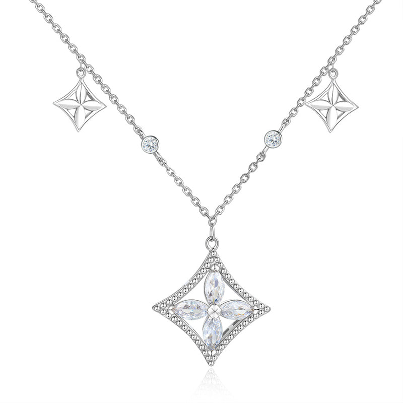 S925 Sterling Silver Square Pendant Necklace - Elegant Tassel Clover & Zirconia Collarbone Chain