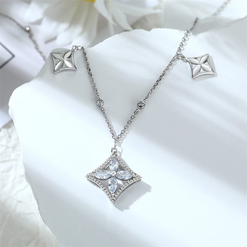 S925 Sterling Silver Square Pendant Necklace - Elegant Tassel Clover & Zirconia Collarbone Chain