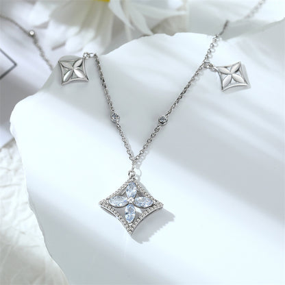S925 Sterling Silver Square Pendant Necklace - Elegant Tassel Clover & Zirconia Collarbone Chain