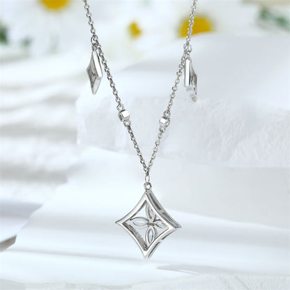 S925 Sterling Silver Square Pendant Necklace - Elegant Tassel Clover & Zirconia Collarbone Chain