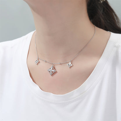 S925 Sterling Silver Square Pendant Necklace - Elegant Tassel Clover & Zirconia Collarbone Chain