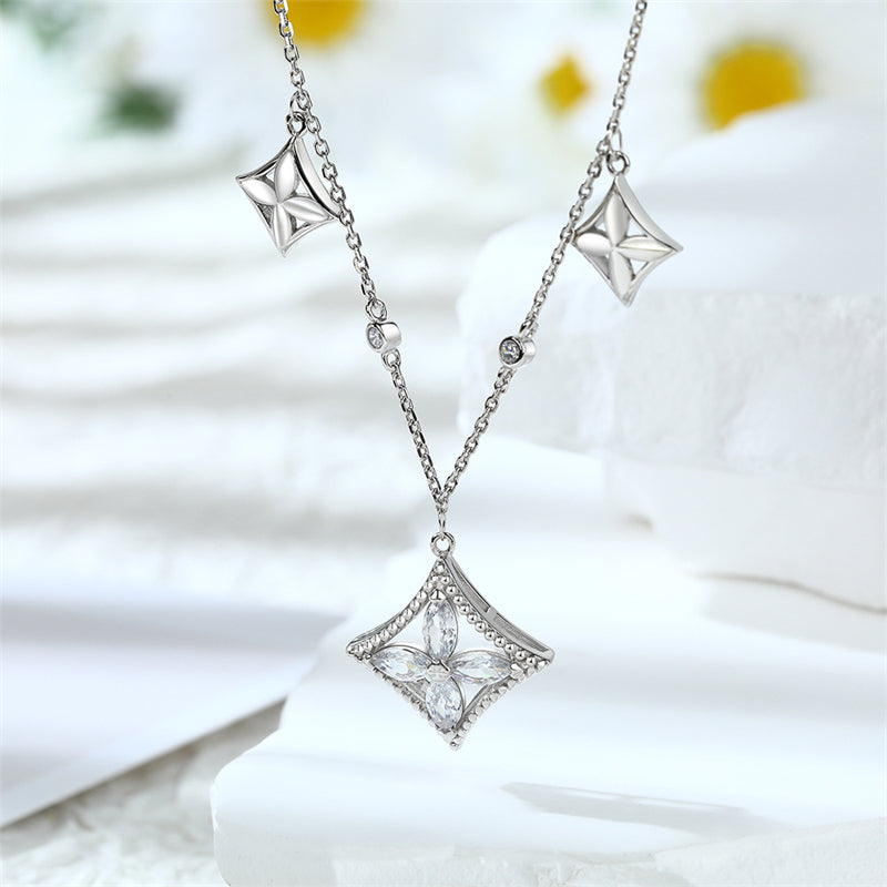 S925 Sterling Silver Square Pendant Necklace - Elegant Tassel Clover & Zirconia Collarbone Chain