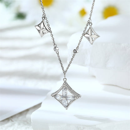 S925 Sterling Silver Square Pendant Necklace - Elegant Tassel Clover & Zirconia Collarbone Chain