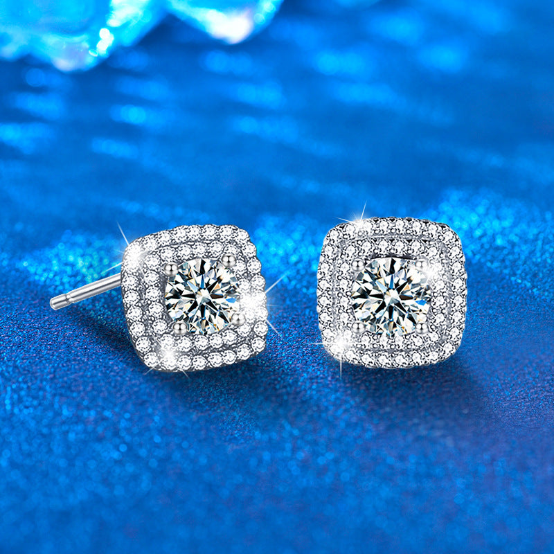 S925 Sterling Silver Square Sugar Stud Earrings with 0.5ct Moissanite - White Gold Plated Minimalist Geometric Jewelry for Women