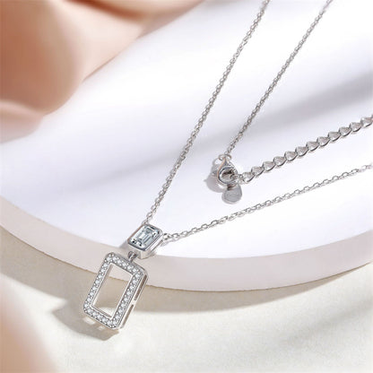 S925 Sterling Silver Square Zirconia Pendant Necklace - Modern Geometric Collarbone Chain