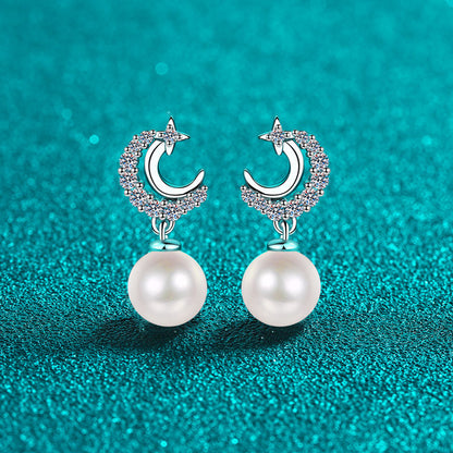 S925 Sterling Silver Star & Moon Stud Earrings - 0.35ct Moissanite & Freshwater Pearls