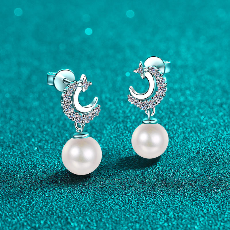 S925 Sterling Silver Star & Moon Stud Earrings - 0.35ct Moissanite & Freshwater Pearls
