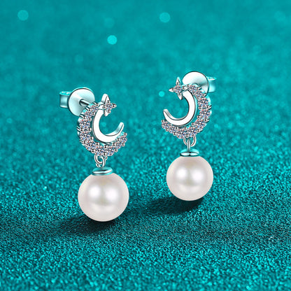 S925 Sterling Silver Star & Moon Stud Earrings - 0.35ct Moissanite & Freshwater Pearls