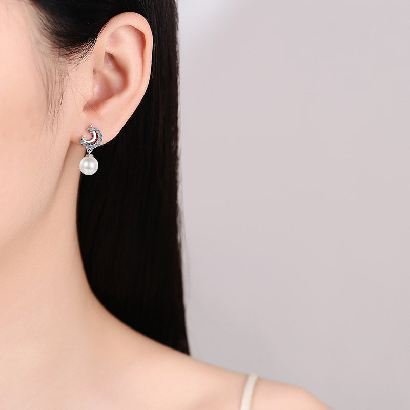 S925 Sterling Silver Star & Moon Stud Earrings - 0.35ct Moissanite & Freshwater Pearls